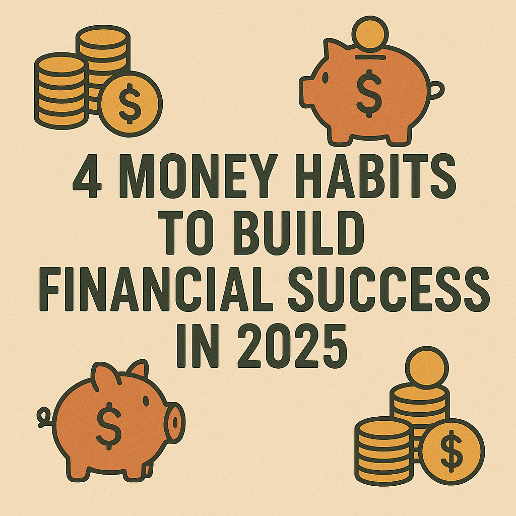 A graphic with the text “4 Money Habits to Build Financial Success in 2025” surrounded by icons of coins and piggy banks — representing saving and smart habits.