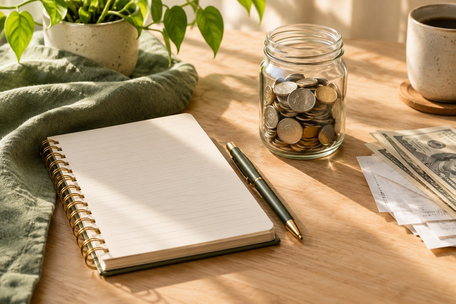 Savings jar and budgeting notebook on a table