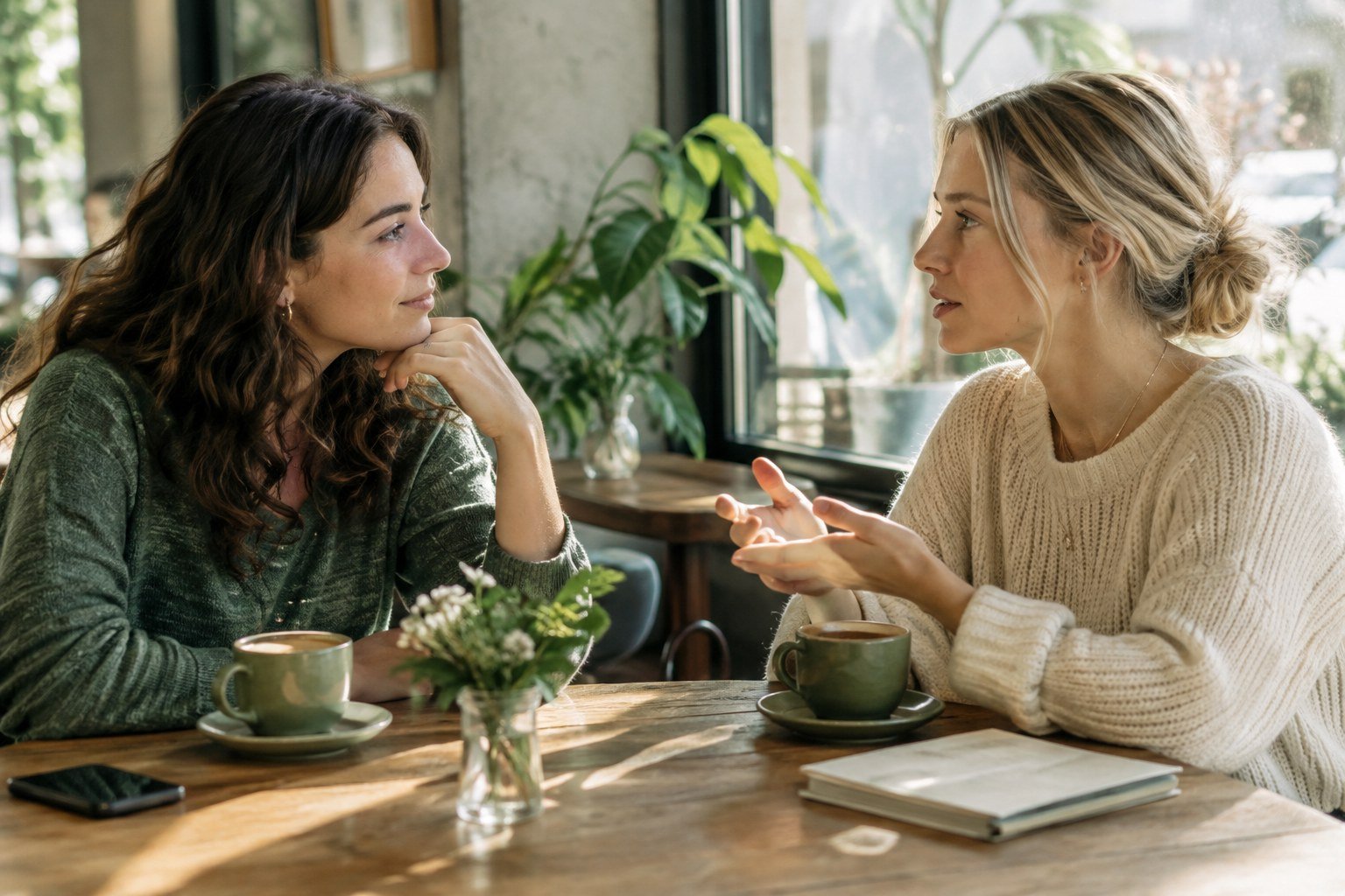 Two friends in a thoughtful conversation