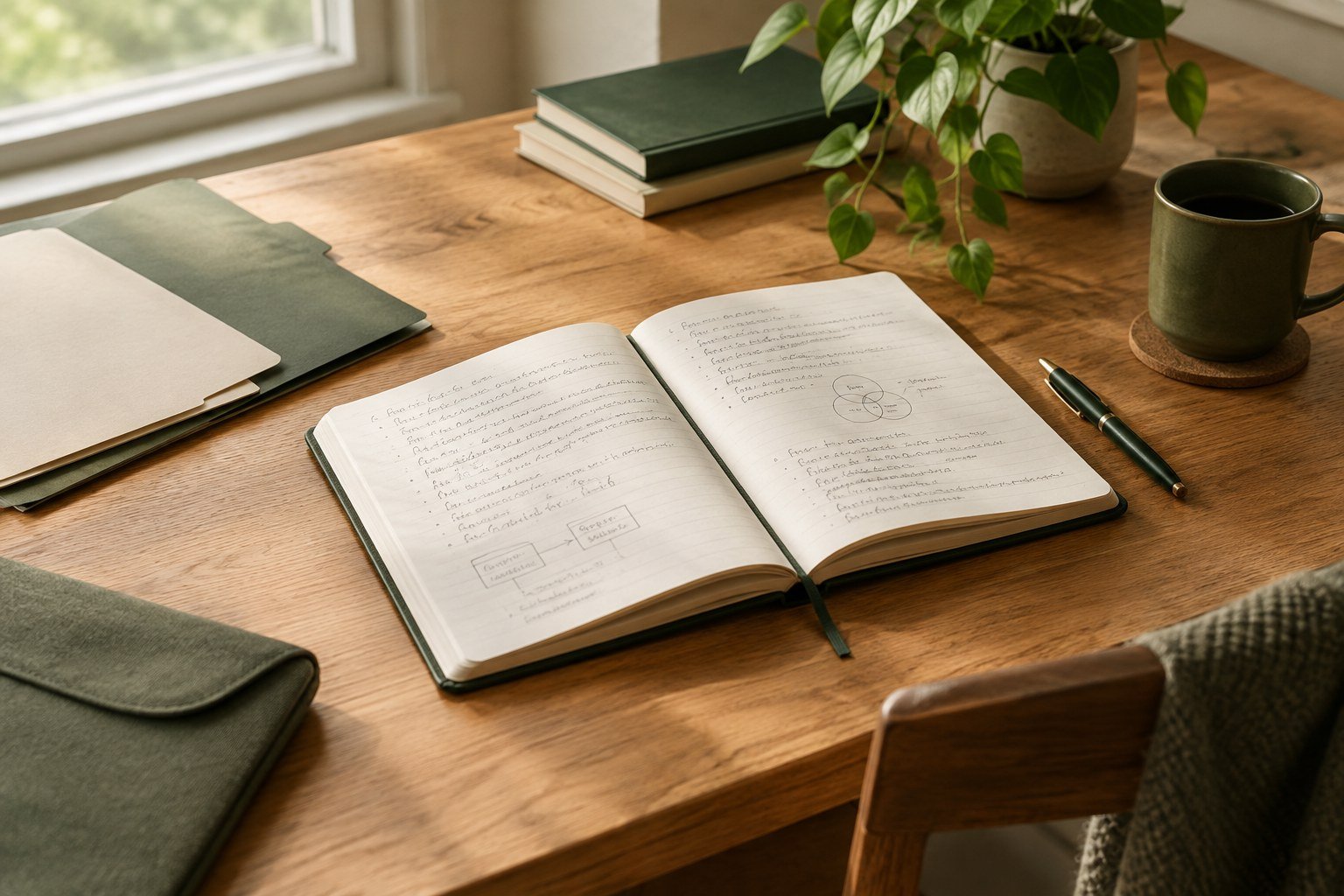 Notebook and organized learning notes on a wooden desk