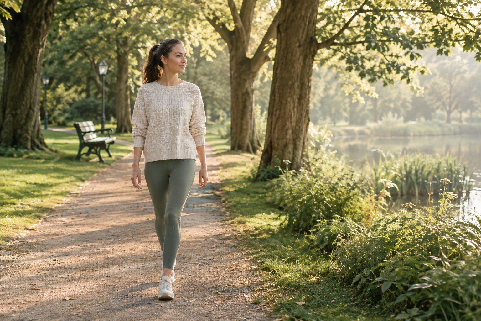 Person walking on a peaceful tree-lined path